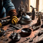 Metalworking Tools Used on Wooden Table in Workshop