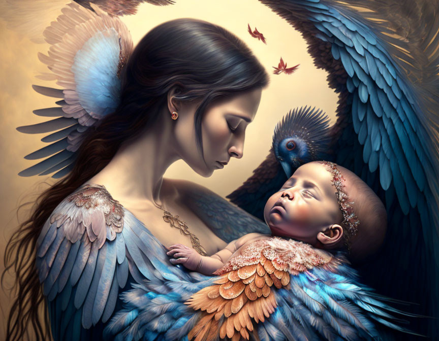 Illustration of woman with feathered wings embracing sleeping infant in magical bird-filled scene