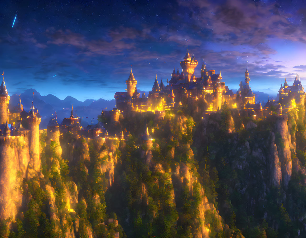 Majestic fantasy castle on cliff at dusk with glowing lights and starry sky