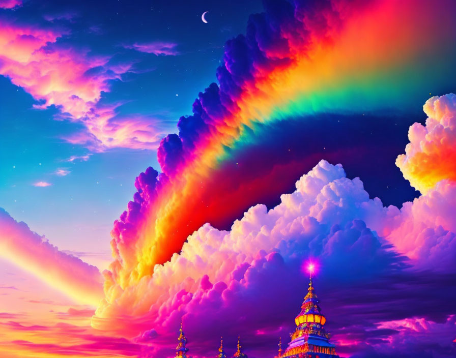 Colorful rainbow and dramatic sky with ornate tower silhouette