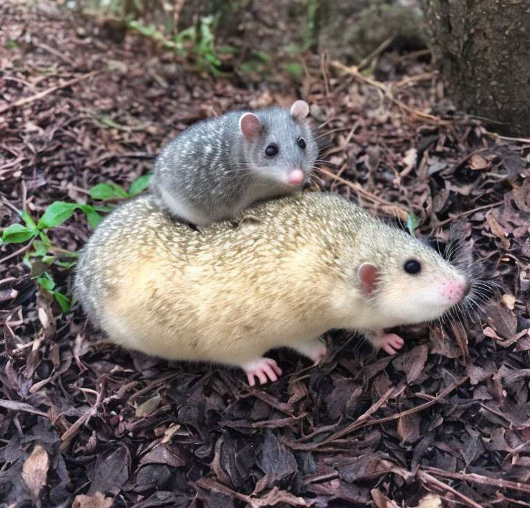 Grey and cream rats in forest setting with dried leaves.