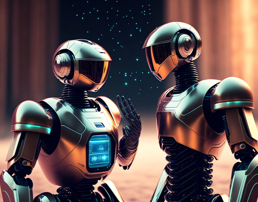 Futuristic robots conversing in abstract starry backdrop