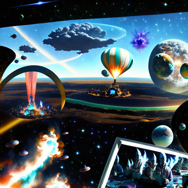 Vibrant cosmic landscape with planets, hot air balloon, UFOs, galaxy, and 3