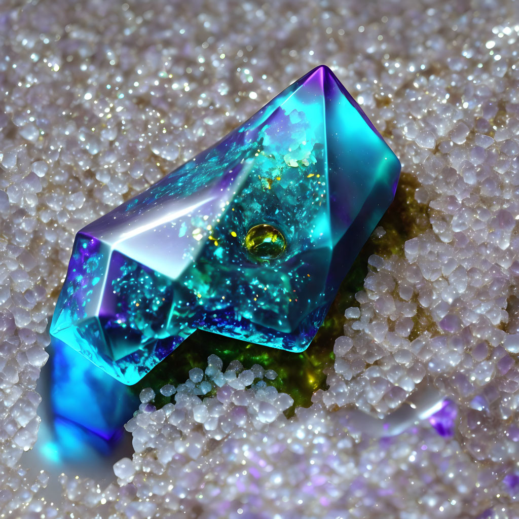 Iridescent crystal on sparkling white granules in blue, green, and purple