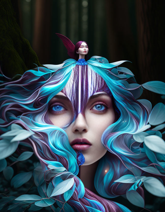 Surreal portrait with large face, flowing blue hair, forest backdrop, and smaller mirrored figure.