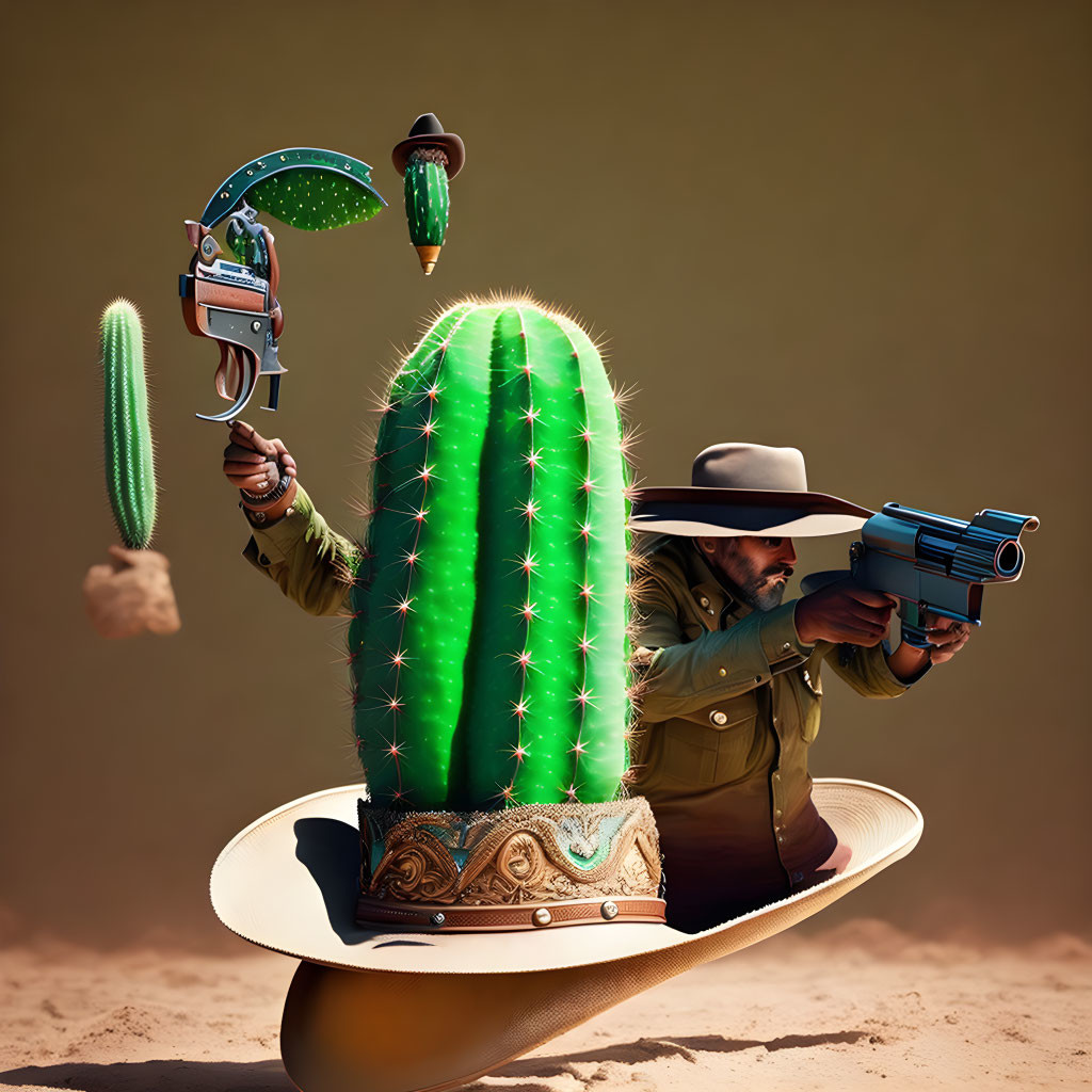 Surreal cowboy with cactus body and futuristic gun in desert setting