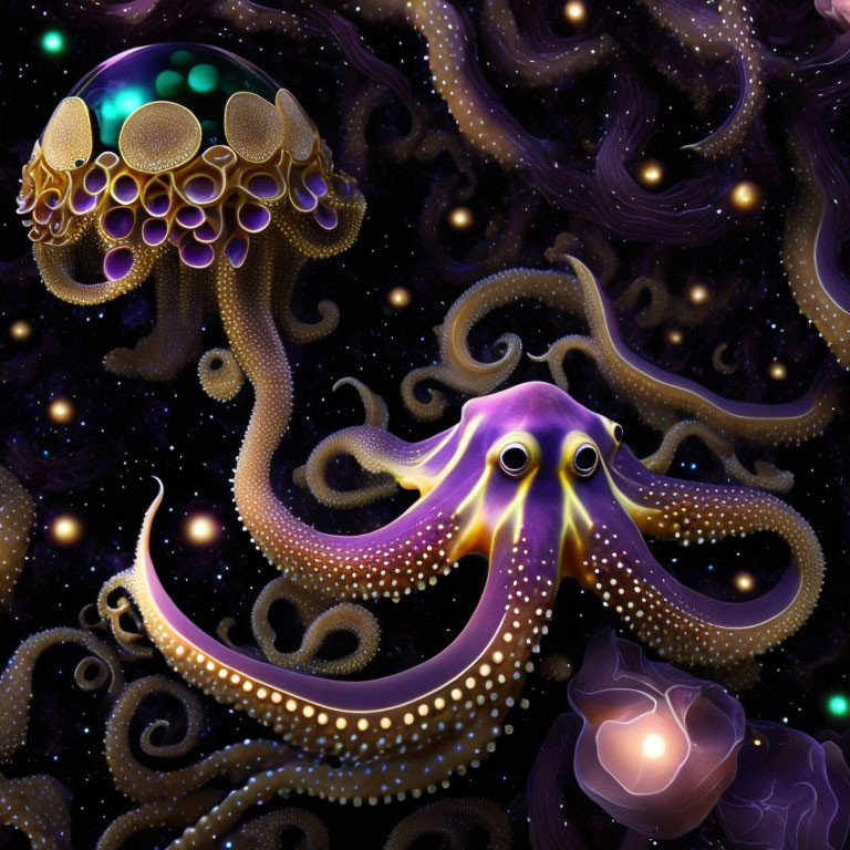 Colorful digital artwork featuring jellyfish and octopus in cosmic scene