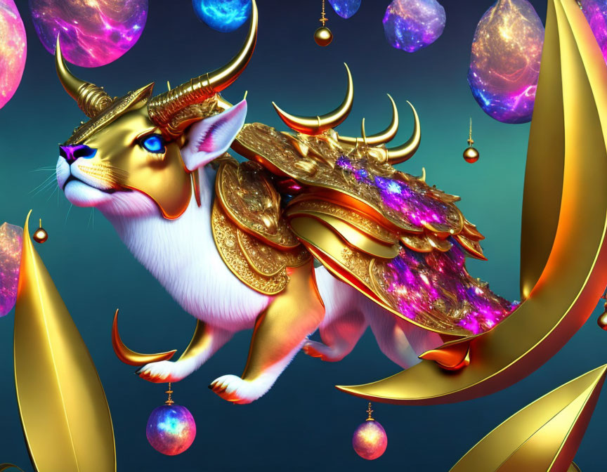 Winged cat with horns in gold armor and gems on cosmic background