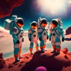 Astronauts exploring surreal, colorful landscape with oversized fruit-like spheres