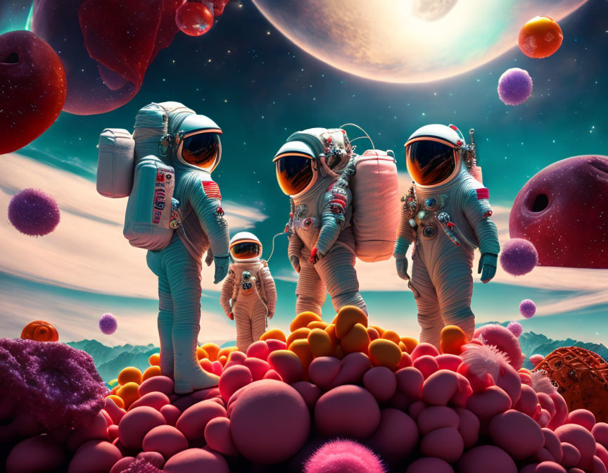 Astronauts exploring surreal, colorful landscape with oversized fruit-like spheres