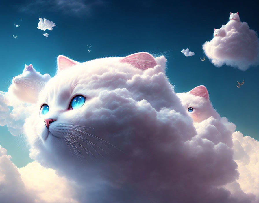 Fluffy white cats with blue eyes blending into cloudscape