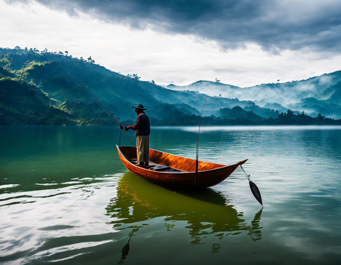 Person fishing in wooden boat on calm lake with misty hills and cloudy sky