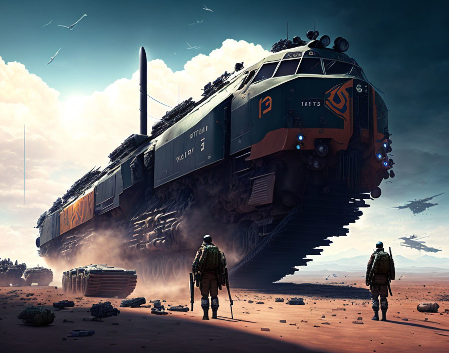 Futuristic train with tank treads in sandy landscape as armed figures approach under hazy sky