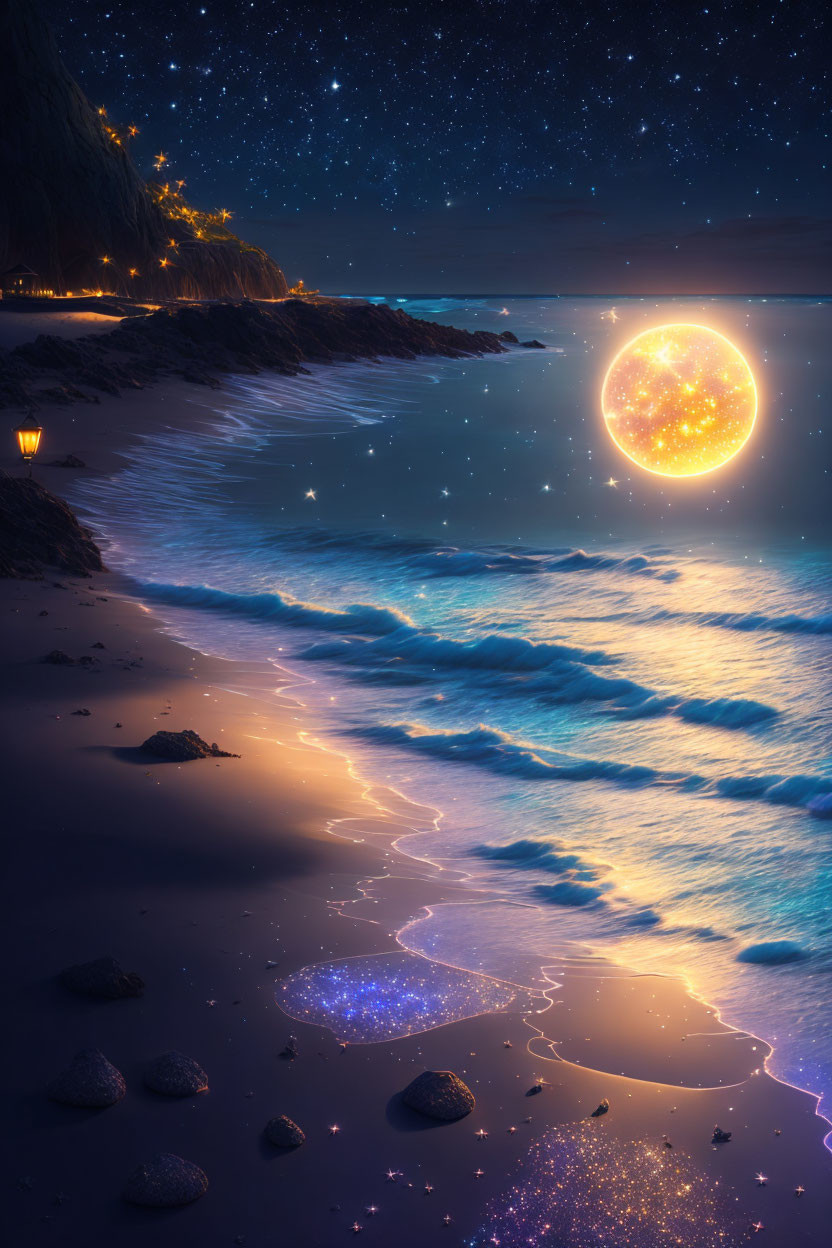 Tranquil beach scene: starry sky, oversized moon, bioluminescent waves
