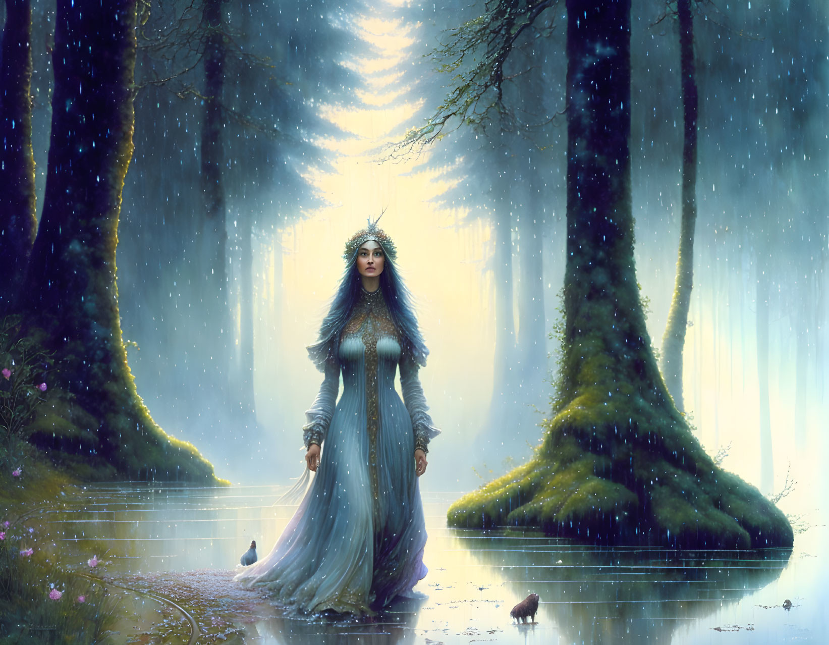 Mystical woman in blue gown and crown in enchanted forest with glowing light