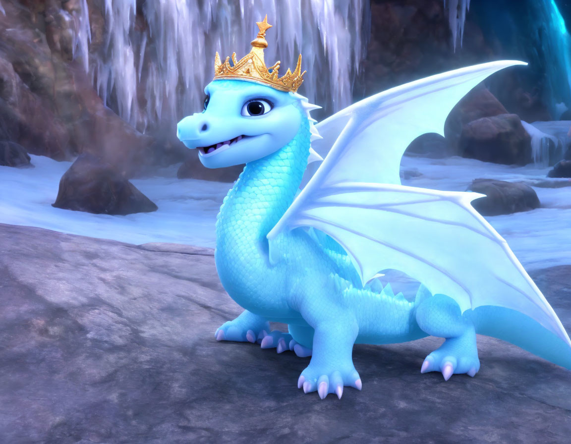 Smiling animated dragon with golden crown in icy caverns