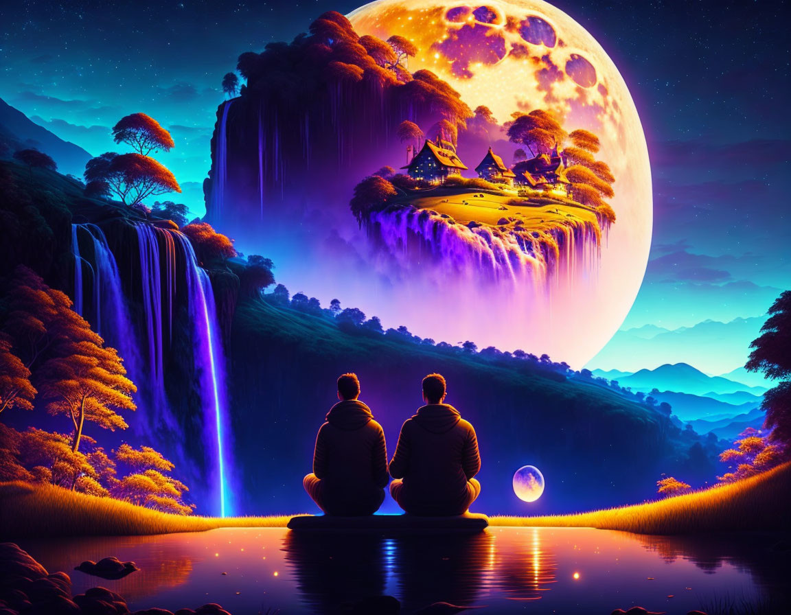Couple admiring floating island with waterfalls in fantasy landscape