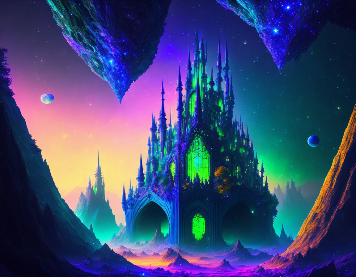 Neon-lit Gothic castle in vibrant alien landscape