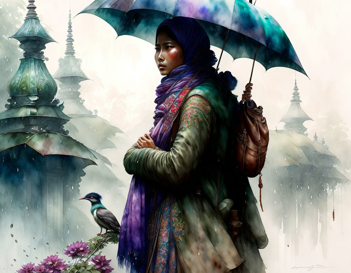 Lady with umbrealla in rain of smogy city