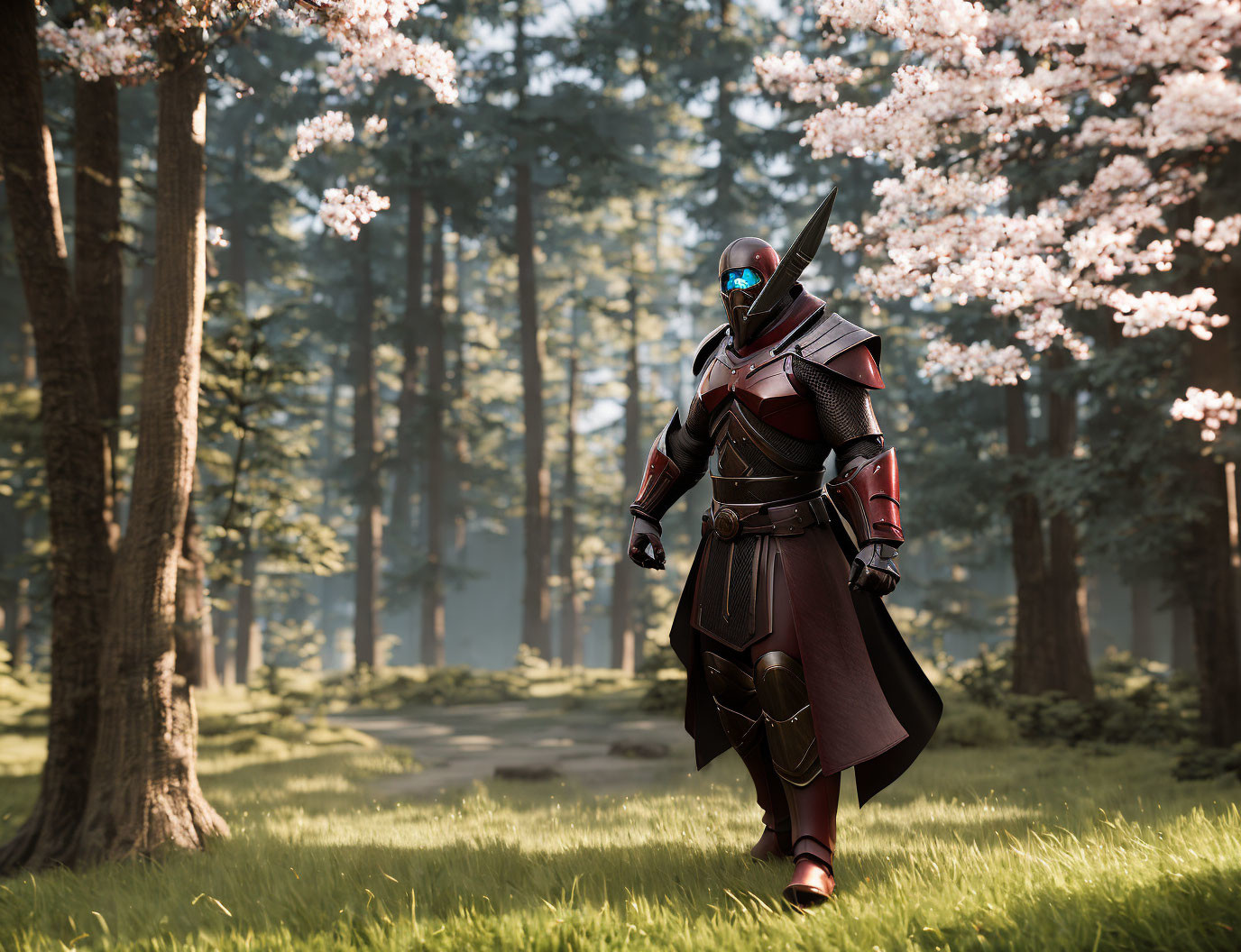Futuristic knight in red and black armor in serene forest with cherry blossoms