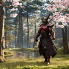 Futuristic knight in red and black armor in serene forest with cherry blossoms