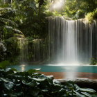 Tranquil waterfall in lush green forest landscape
