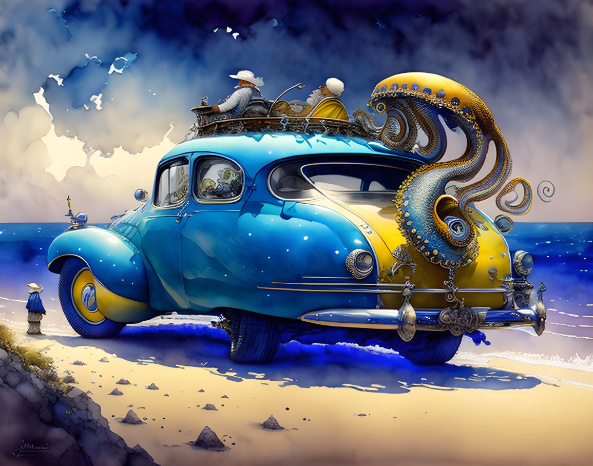 Old man driving blue-yellow Octopus,