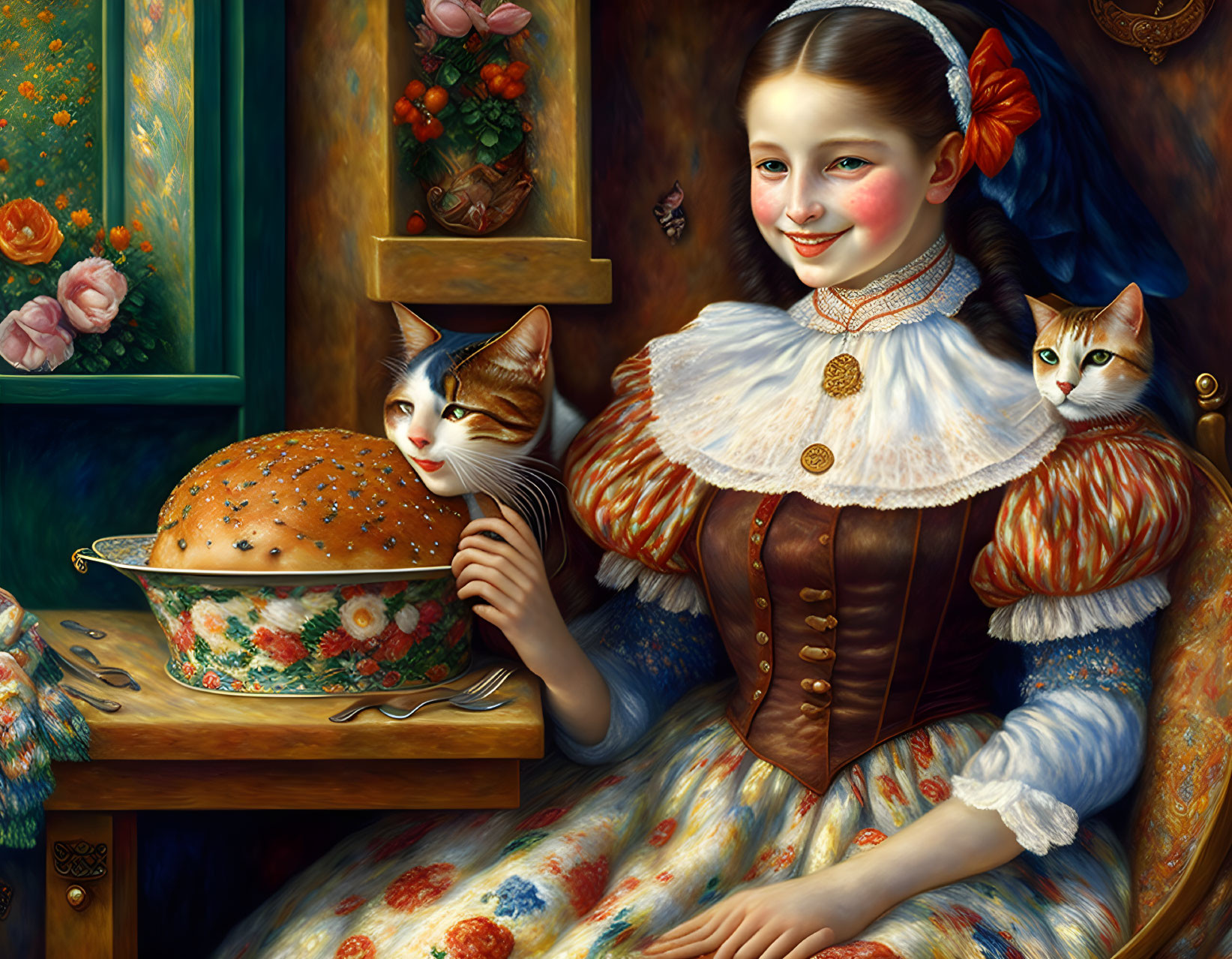 Portrait of Smiling Woman in Historical Dress with Cats, Bread, and Butterfly