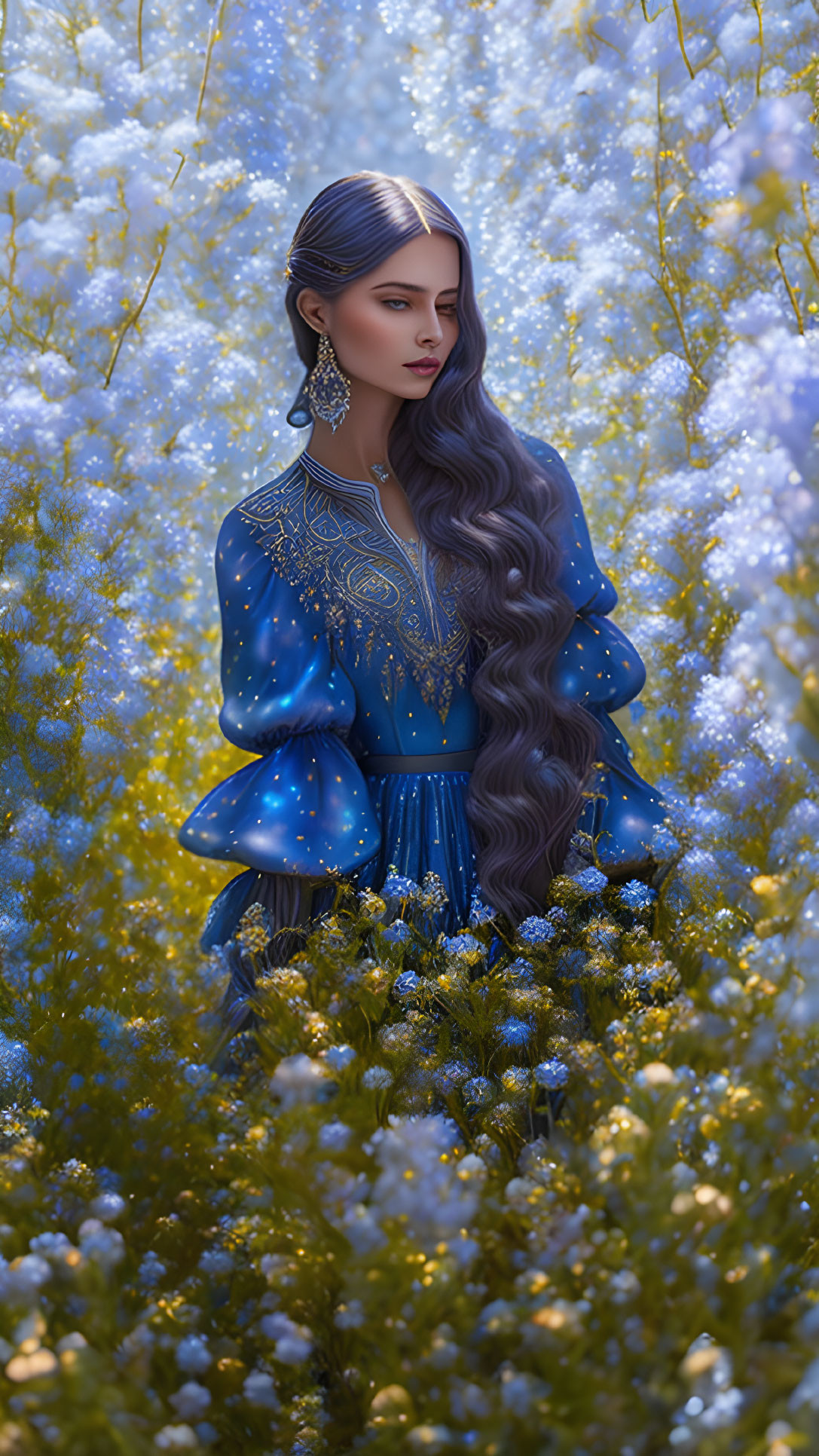 Ukrainian Princess surrounded by pearly blue rose 