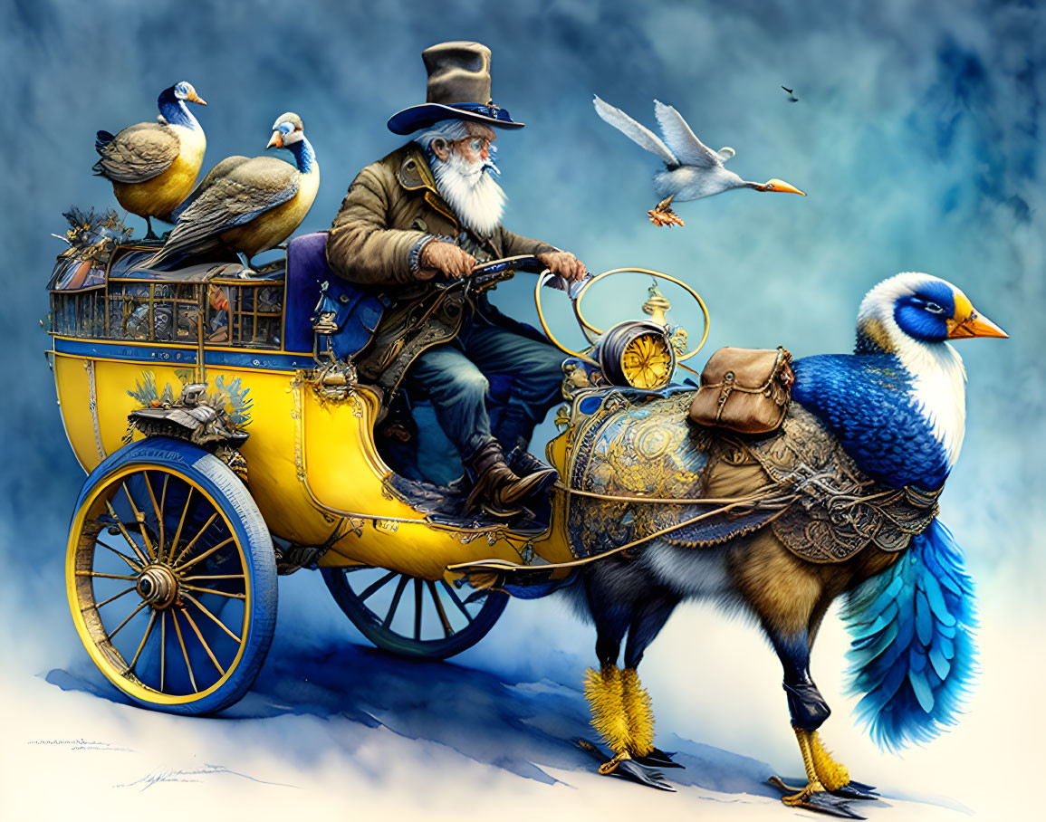 Old man driving a blue-yellow goose animal, by Jea