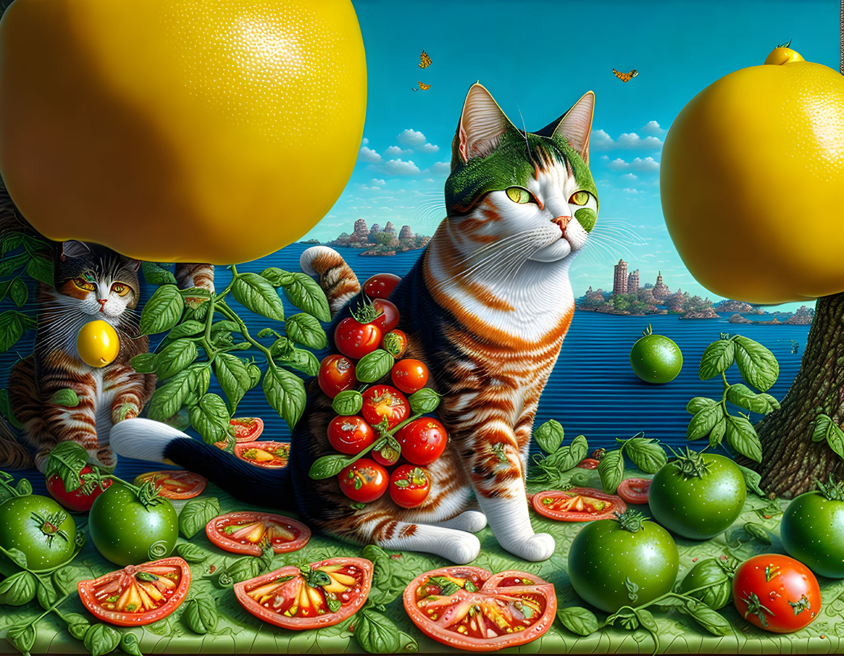 Tomato Salad cat playing Lemon, extreme details, f