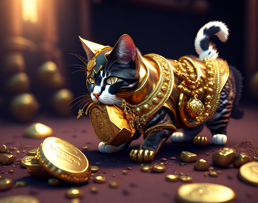 Majestic cat in golden armor surrounded by gold coins