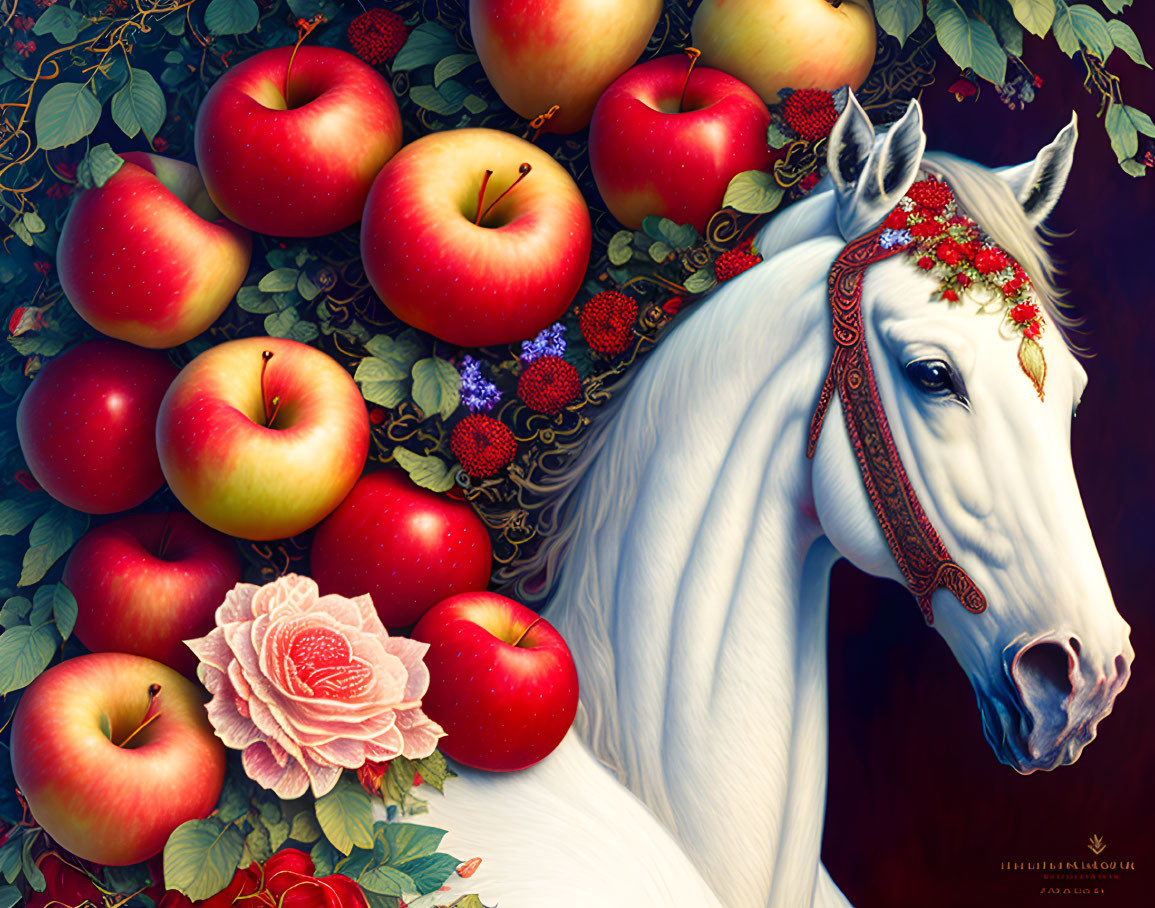 White Horse with Floral Headpiece and Fruits on Dark Background