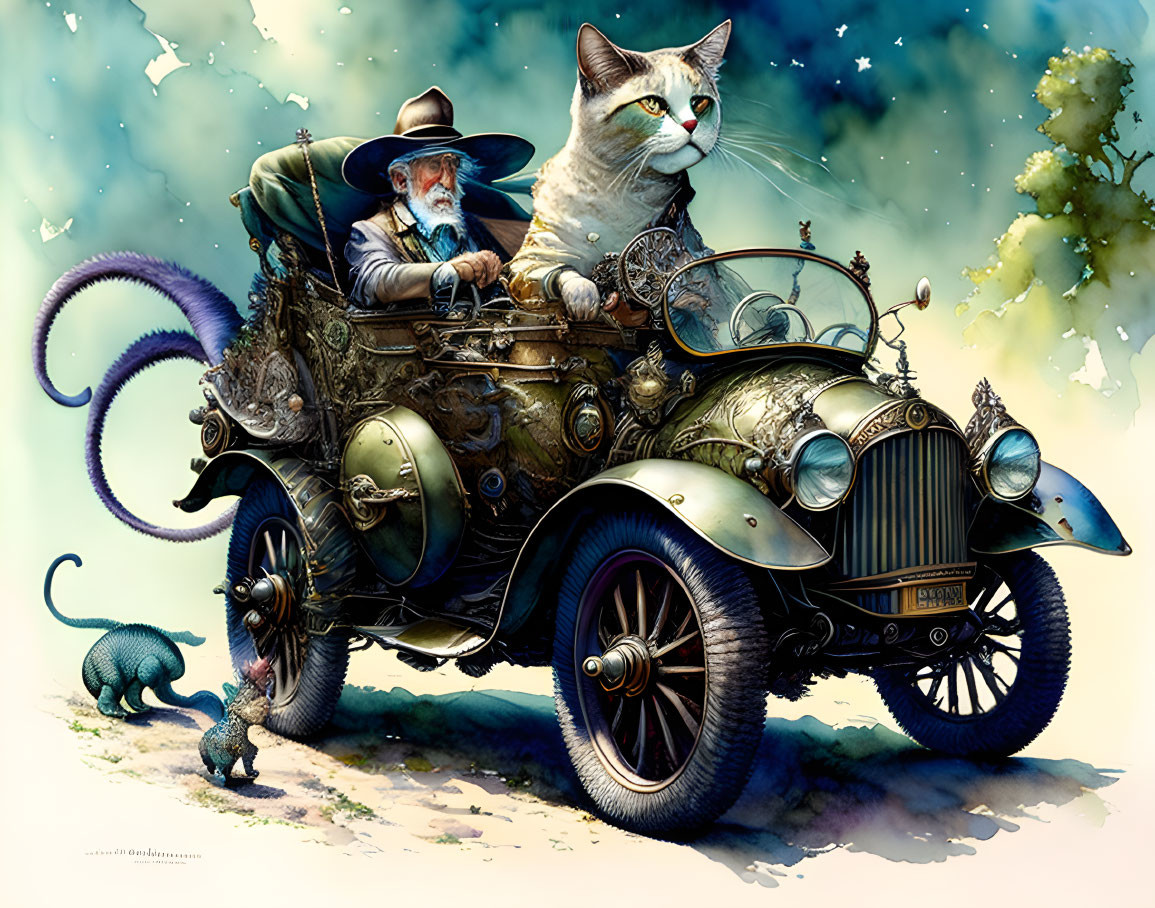 Old man driving a dinosaur cat ,
