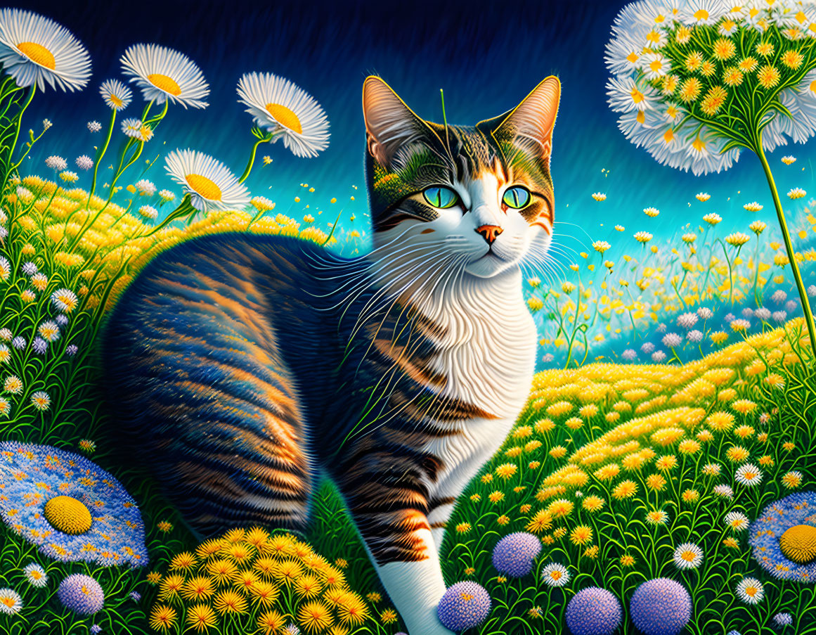 Cat between intricate landscape of daisies and dan