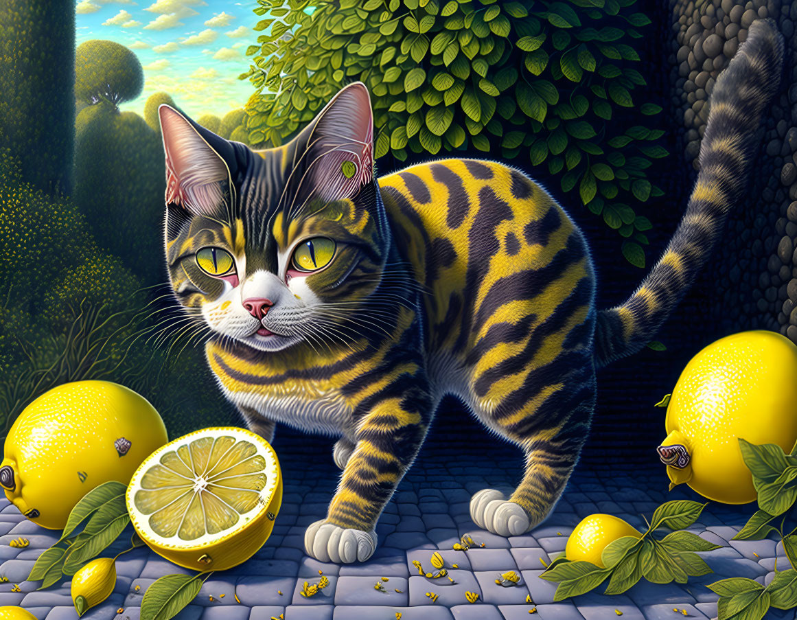 Brindle cat playing Lemon, extreme details, full f