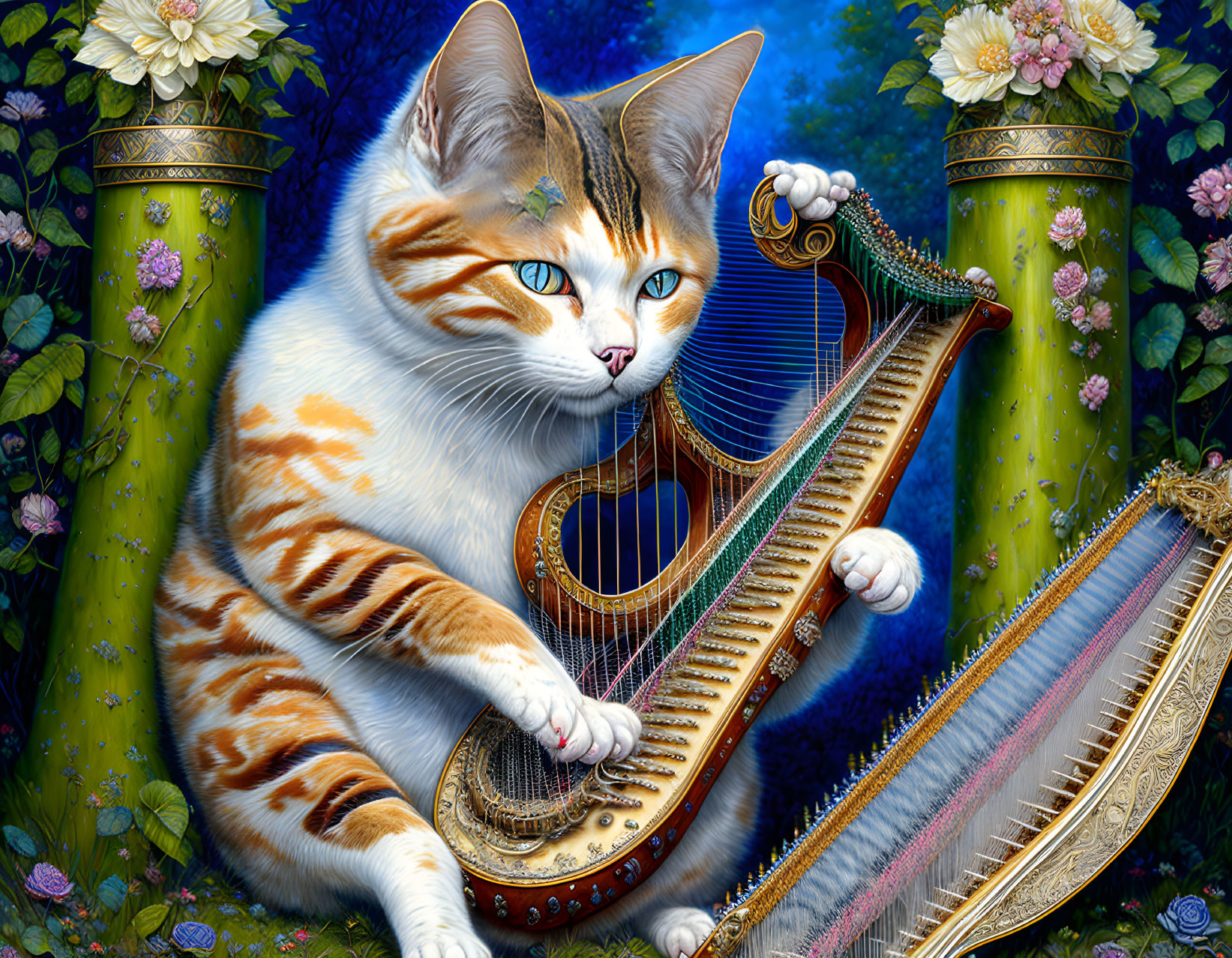 Bicolour cat playing harp. extreme details, full f