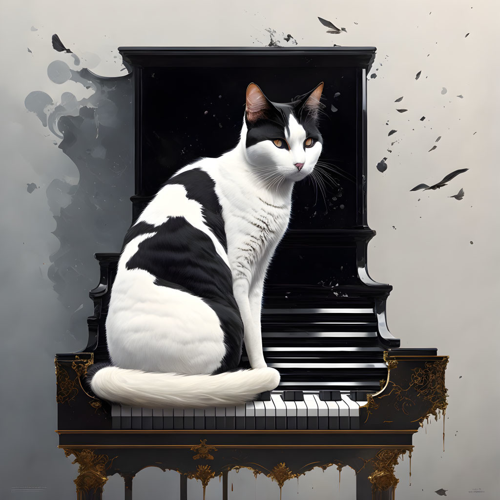 A bicolor white-black-brown cat sitting a piano. U