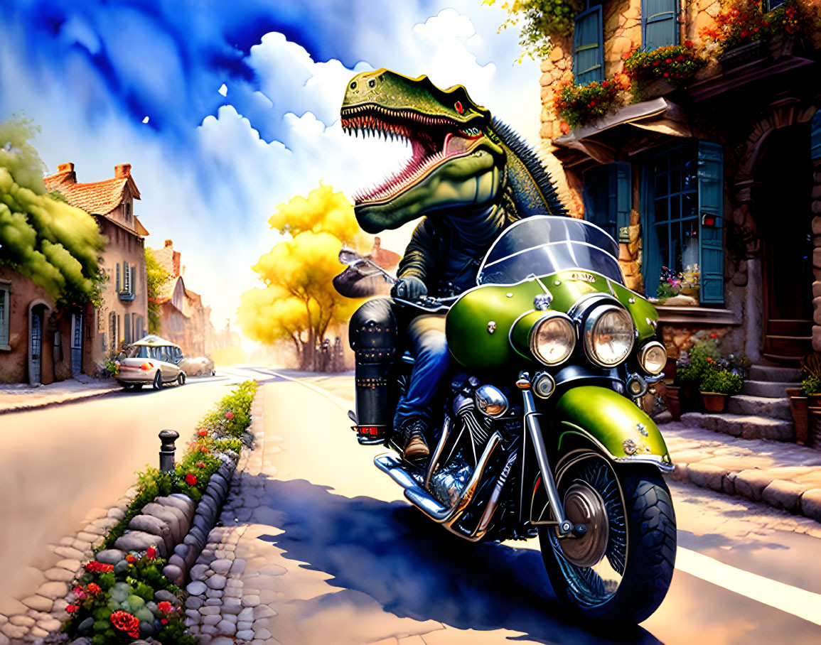 dinosaur riding a motorcycle on an old cobblestone