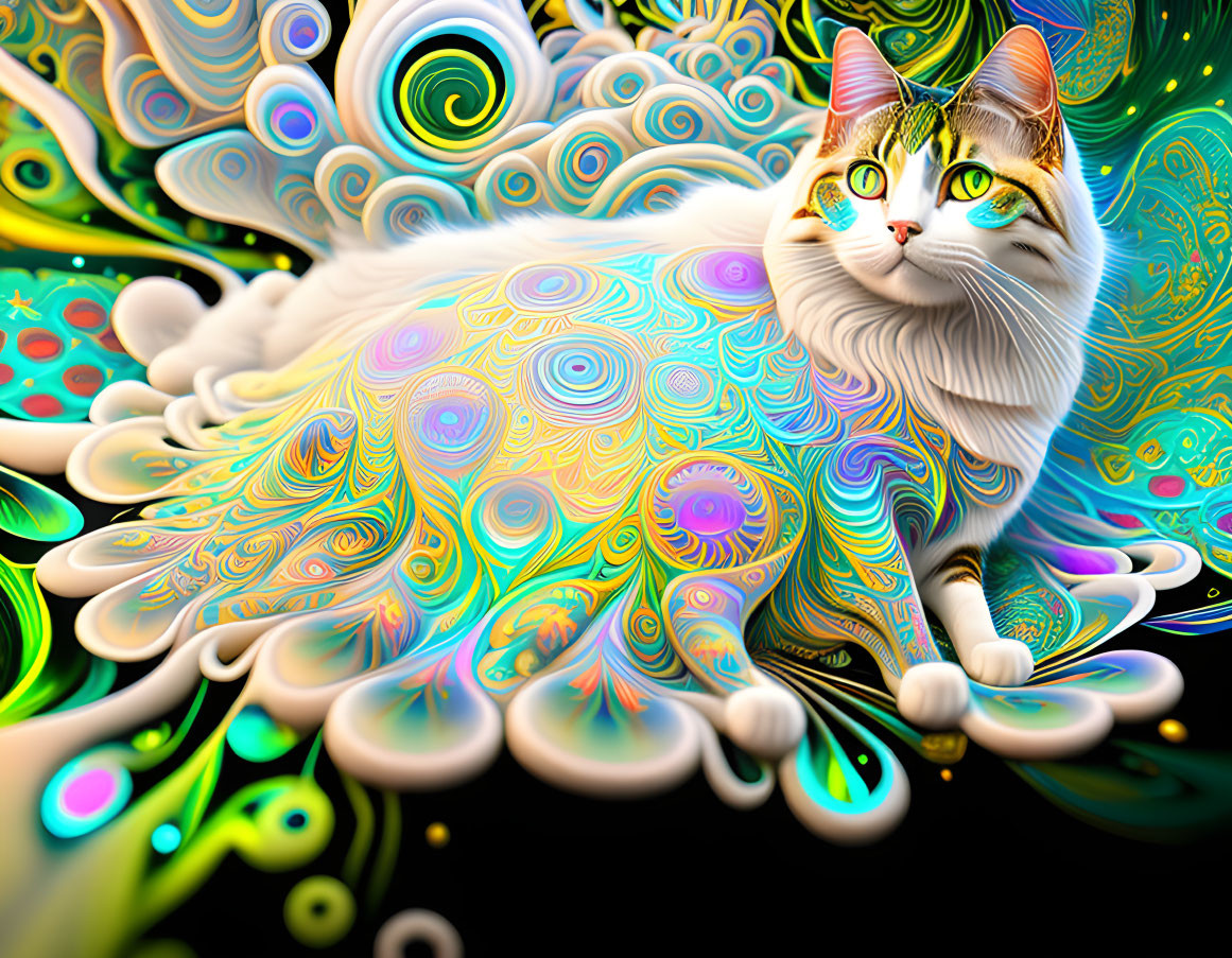 a 2d symmetrical portrait of A psychedelic cat. Ac