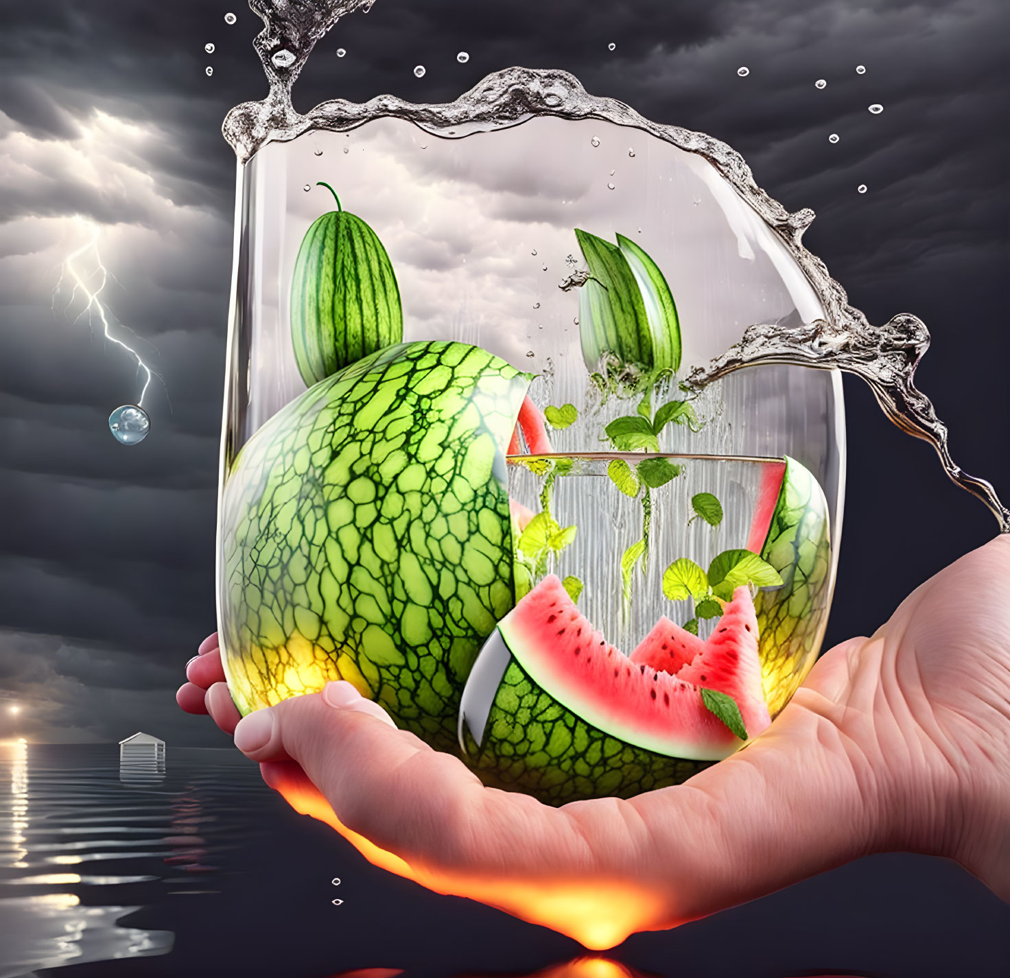 Flooding in a glass watermelon, photorealistic, Dr