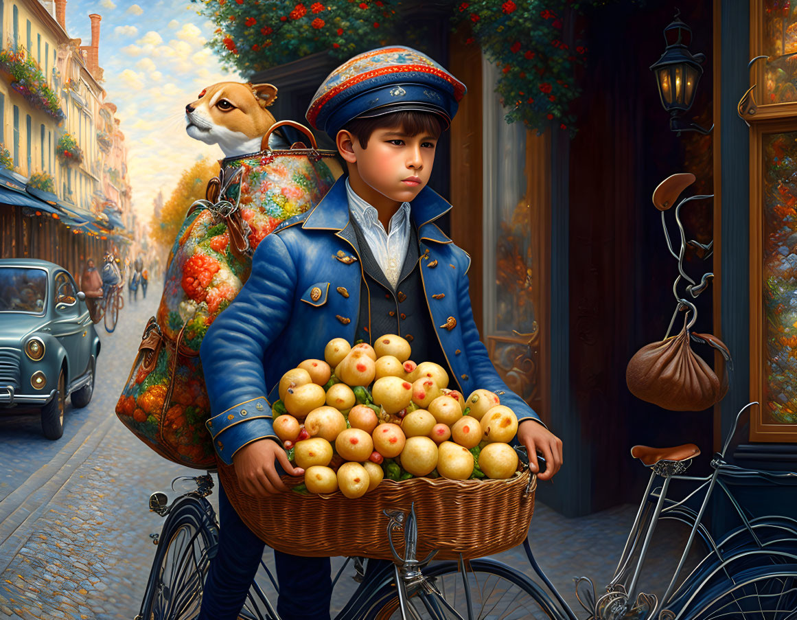 a handsome boy carries a bag Potato on the handleb