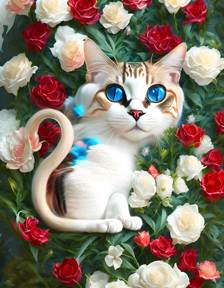 Colorful Cat Illustration Surrounded by Roses and Lush Background