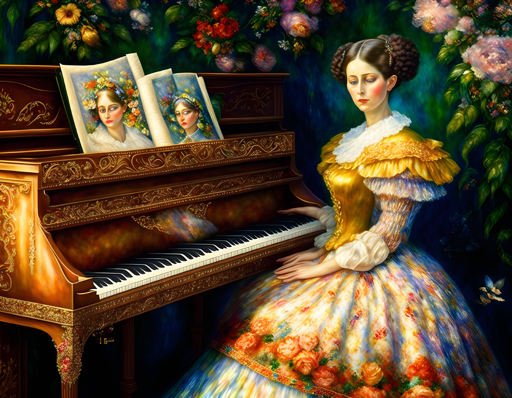 Woman in vibrant floral dress at grand piano with artwork, flowers, and butterflies