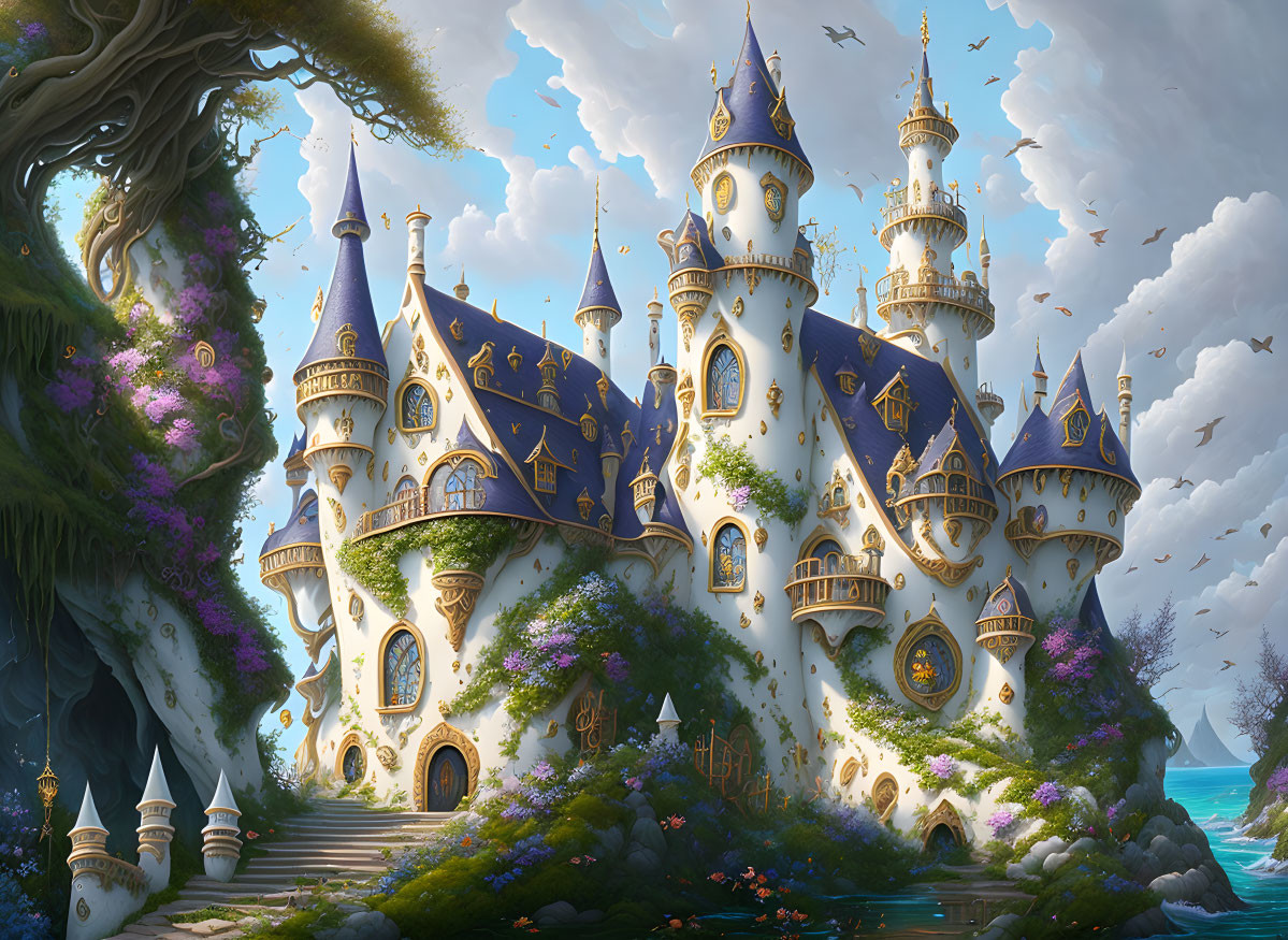 Fantasy castle with spires, golden accents, lush greenery, and birds
