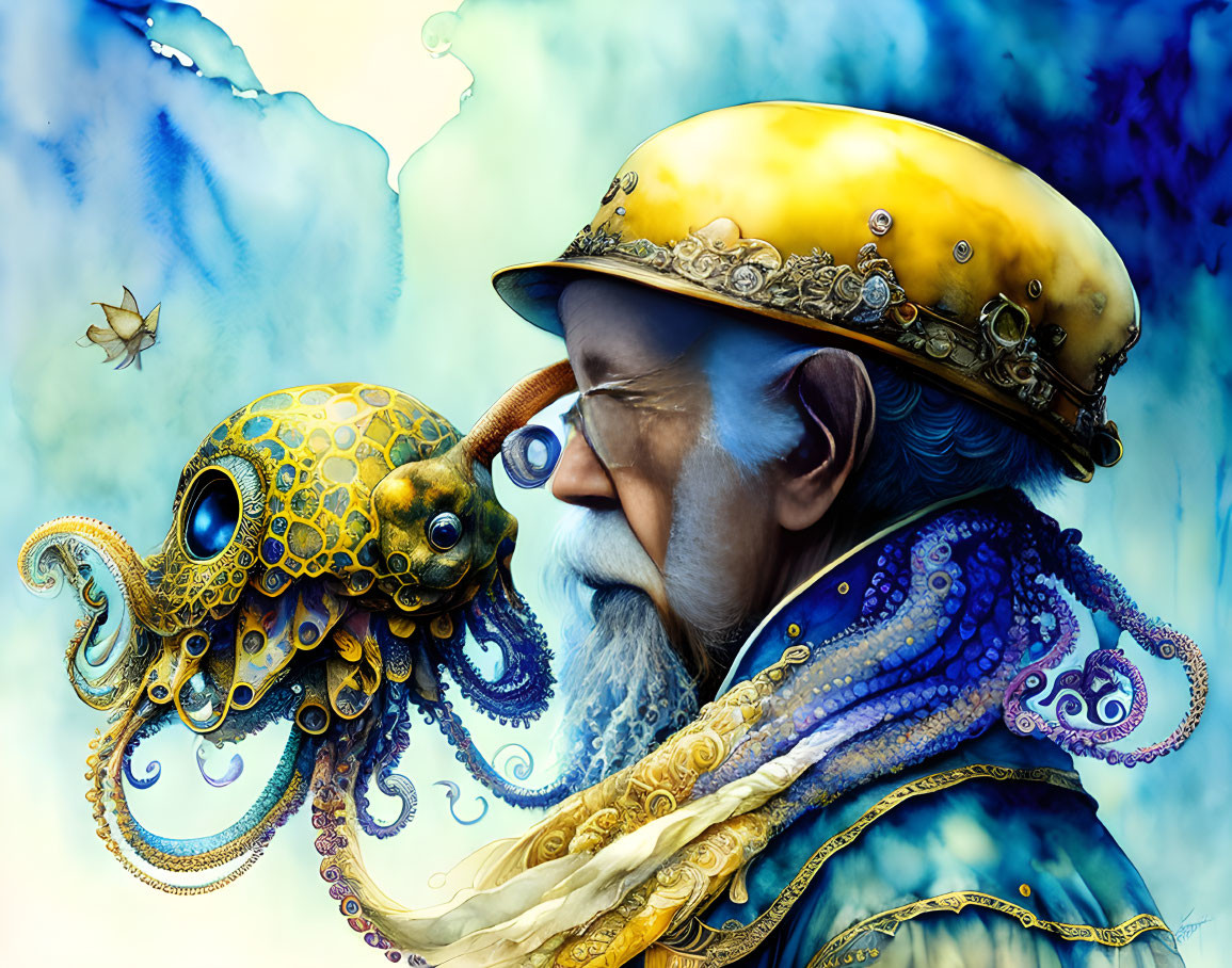 Old man driving blue-yellow Octopus