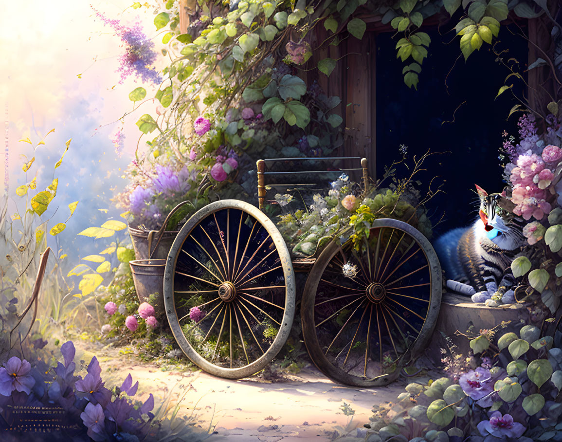 Tranquil garden scene with tabby cat, wooden cart, flowers, lush greenery, sunlight