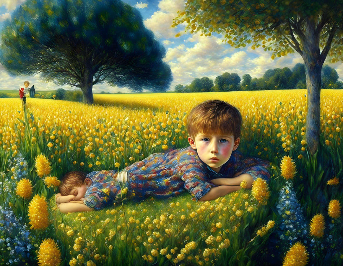 The boy lies in the middle of a field on the sides