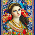 Regal young woman with crown in ornate clothing surrounded by colorful flowers.