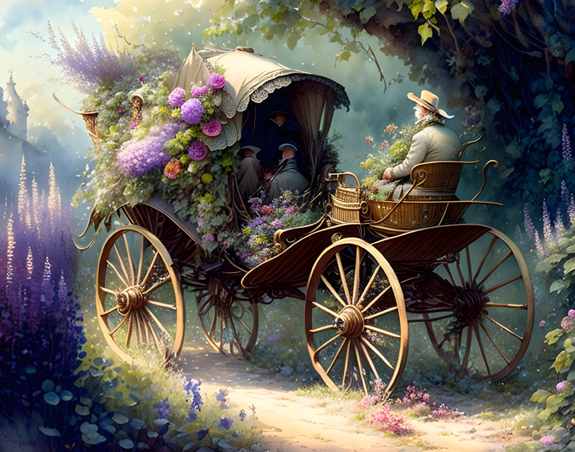Vintage carriage with flowers on lush path driven by person in period attire